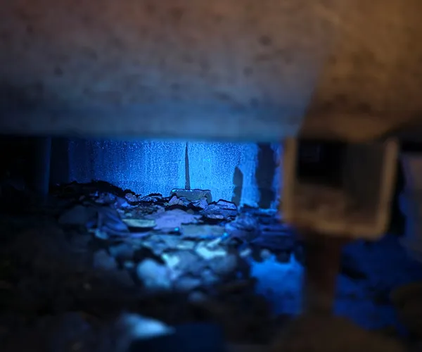 Aiguille de traçage sous plancher de cave éclairée en UV bleu — localisation de fuite