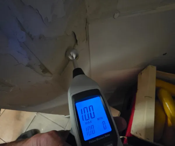 Humidimètre affichant 100 % sur plafond décollé et humide — détection de fuite au-dessus